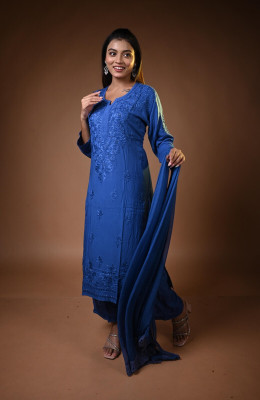 MALKIAT Embroidered Kurta, Palazzo & Dupatta Set