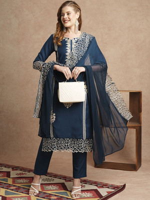 BOUGHT FIRST Embroidered Kurta, Trouser/Pant & Dupatta Set