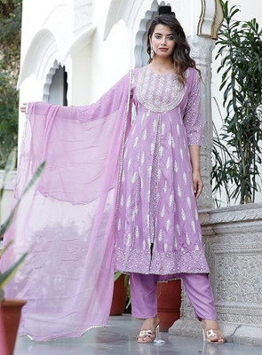 Octwin Floral Print, Embroidered Kurta, Palazzo & Dupatta Set