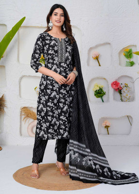 IONACREATION Floral Print Kurta, Churidar & Dupatta Set