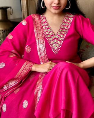 Blue Zircon Embroidered, Solid Kurta, Trouser/Pant & Dupatta Set