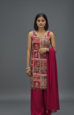 V by Vanya Embroidered, Printed Kurta, Palazzo & Dupatta Set