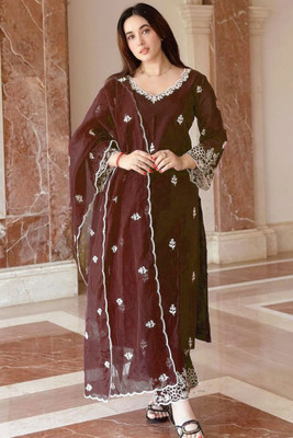 FANCIFLAIR Embroidered Anarkali Kurta, Bottom & Dupatta Set