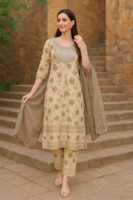 Orange Paper Embroidered Kurta, Palazzo & Dupatta Set