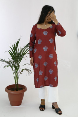 aanzri Women Block Print, Printed, Floral Print Straight Kurta(Maroon)