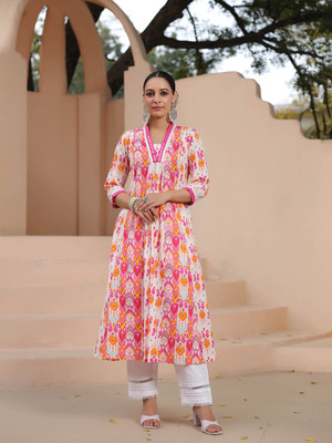 Rain & Rainbow Printed Anarkali Kurta, Bottom & Dupatta Set