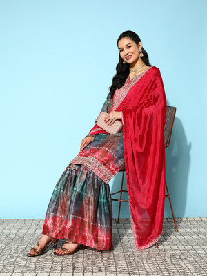 Sangria Embroidered Kurta, Sharara & Dupatta Set