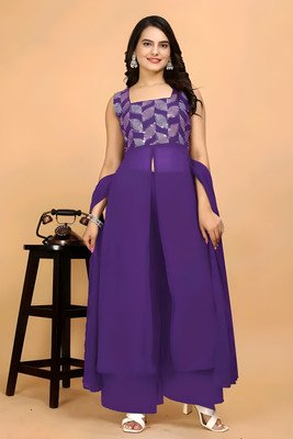 S B Senjaliya Printed Kurta, Palazzo & Dupatta Set