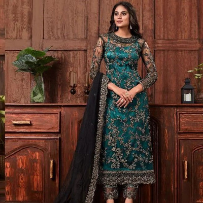 LEGCAYETHNIC Net/Lace Embroidered Kurta & Churidar Material