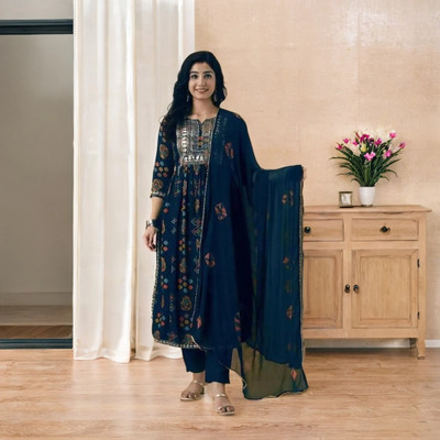 PUTUL Floral Print, Embroidered Anarkali Kurta, Bottom & Dupatta Set