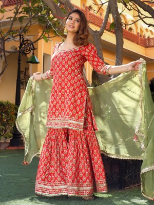 DIVENA Printed Kurta, Sharara & Dupatta Set