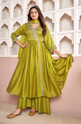 P Three Pluse Embroidered Kurta, Palazzo & Dupatta Set
