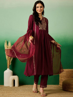 Sangria Self Design Anarkali Kurta, Bottom & Dupatta Set