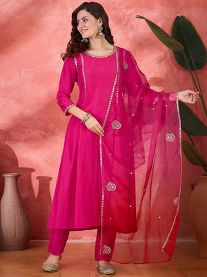 Sangria Solid, Embellished Kurta, Trouser/Pant & Dupatta Set