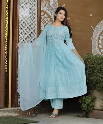 Trendjio Printed, Embroidered Anarkali Kurta, Bottom & Dupatta Set