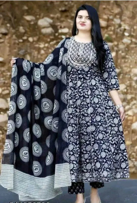 Sanvi Creations Floral Print Anarkali Kurta, Bottom & Dupatta Set