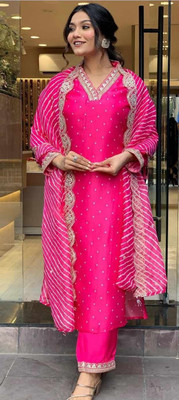 f cloth Embroidered Kurta, Palazzo & Dupatta Set