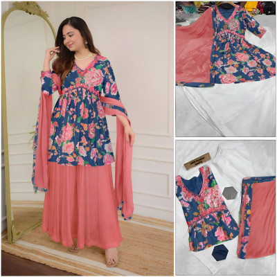DM MART Printed Kurta, Palazzo & Dupatta Set