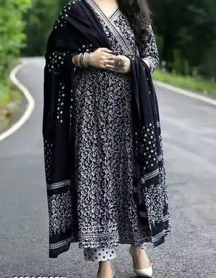 BINKAL Floral Print Anarkali Kurta, Bottom & Dupatta Set