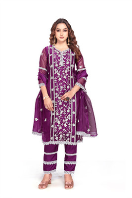 BOUGHT FIRST Embroidered Kurta, Trouser/Pant & Dupatta Set