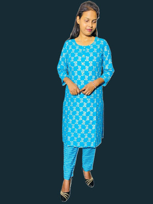 ABC Women Printed Straight Kurta(Blue)