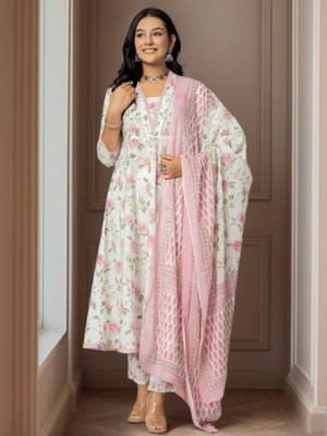 Om Sundaraaya Floral Print, Printed Anarkali Kurta, Bottom & Dupatta Set
