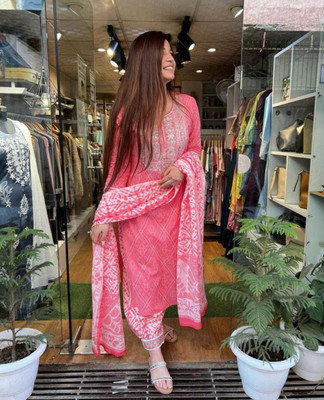 SI and KU Fabrics Embroidered Kurta, Palazzo & Dupatta Set