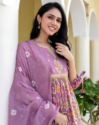 Tasrika Floral Print, Embroidered Anarkali Kurta, Bottom & Dupatta Set