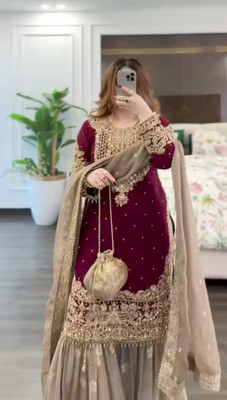 VihatMaaFashion Embroidered Kurta, Sharara & Dupatta Set