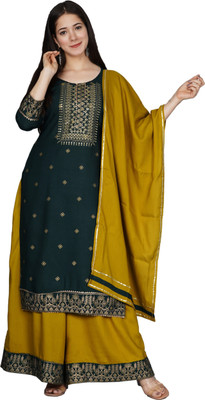flamingo blue Embroidered Kurta, Palazzo & Dupatta Set