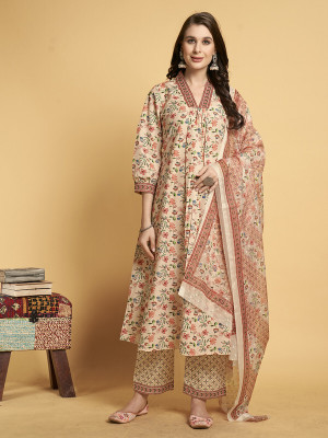 jmm Floral Print Kurta, Palazzo & Dupatta Set