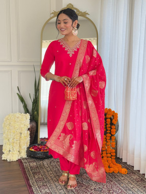 Eeloo Embroidered Kurta, Trouser/Pant & Dupatta Set