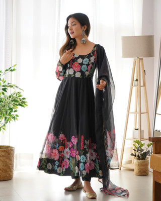 SAJAVAT ETHENIC WEAR Floral Print Anarkali Kurta, Bottom & Dupatta Set