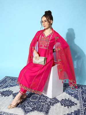 Sangria Embroidered Kurta, Trouser/Pant & Dupatta Set