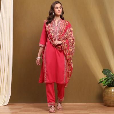 BIBA Embroidered Kurta, Palazzo & Dupatta Set