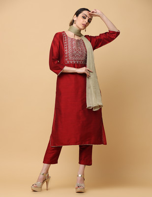 Angkor Embroidered, Solid Kurta, Trouser/Pant & Dupatta Set