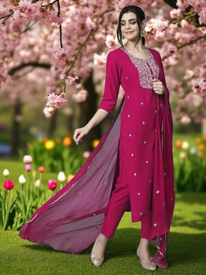 MM ENTERPRISE Solid, Embroidered Kurta, Trouser/Pant & Dupatta Set