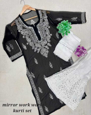 Chikankari Fashion Collection Embroidered Kurta, Palazzo & Dupatta Set