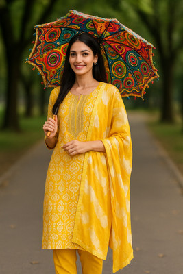 Orange Paper Embroidered Kurta, Palazzo & Dupatta Set