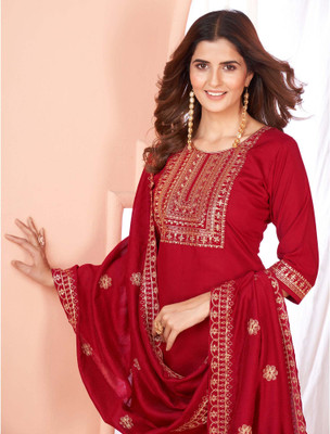 LADALI Embroidered Kurta, Palazzo & Dupatta Set
