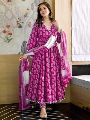 Lali Creation Floral Print Anarkali Kurta, Bottom & Dupatta Set