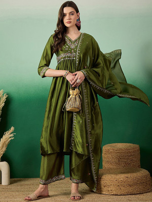 Sangria Embroidered Kurta, Palazzo & Dupatta Set
