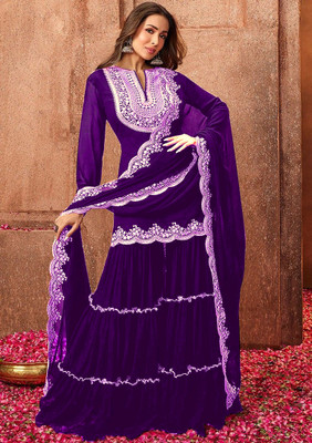 WAZIX Clothing Embroidered Kurta, Sharara & Dupatta Set
