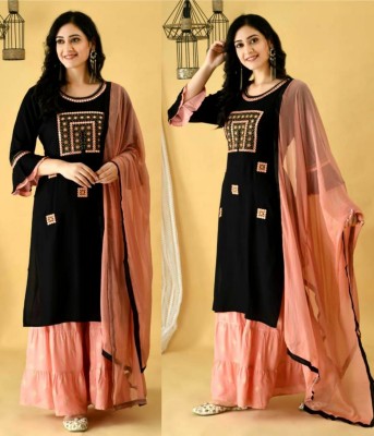 PINK WISH Embroidered Kurta, Palazzo & Dupatta Set