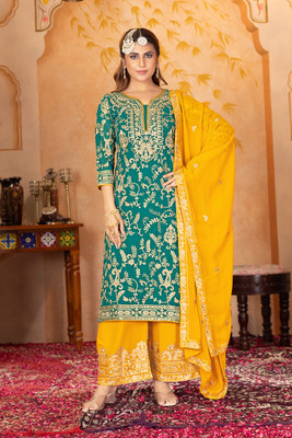 BYRI Embroidered Kurta, Palazzo & Dupatta Set