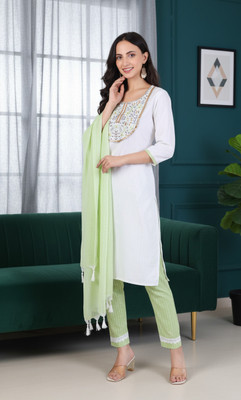 Sunbright Embroidered, Floral Print Kurta, Salwar & Dupatta Set