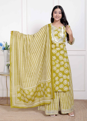 Doriyaan Floral Print Kurta, Palazzo & Dupatta Set