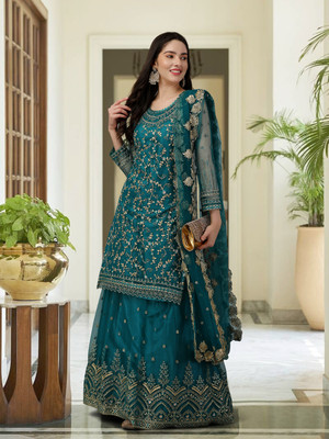 Trendmalls Embroidered Kurta, Sharara & Dupatta Set