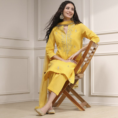 BIBA Solid Kurta, Trouser/Pant & Dupatta Set
