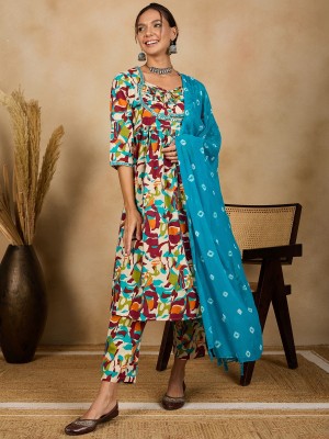 WineRed Floral Print Kurta, Salwar & Dupatta Set